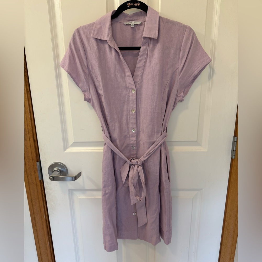Purple linen blend dress with tie belt